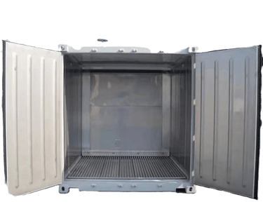 Inside view of an empty refrigerated shipping container with open doors and T-bar flooring.
