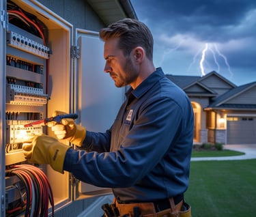 A Hyperion Electrician on a residential jobsite during a major storm for an emergency service call