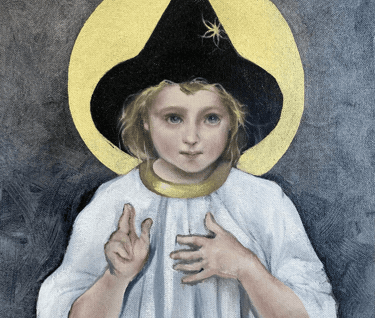 child in a black pointy hat against a backdrop of a yellow circle, behind the head of the child. 