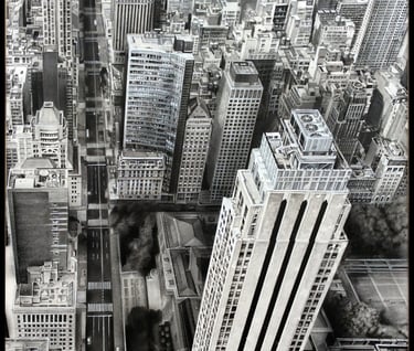 a cityscape of a city with tall buildings. New York. Dibujo creado por Miguel Vivo Pintor.