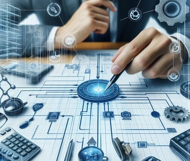 a man in a suit and glasses is looking at a computer screen with a blue