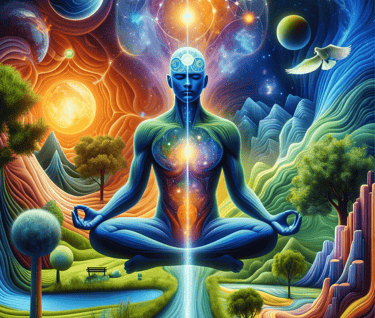 a man sitting in a meditation position with a cosmic light
