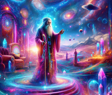a wizard wizard in a colorful space with a spiralle