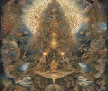 a painting of a tree with a fountain in the middle