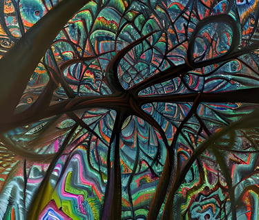 a painting of a tree with a colorful background