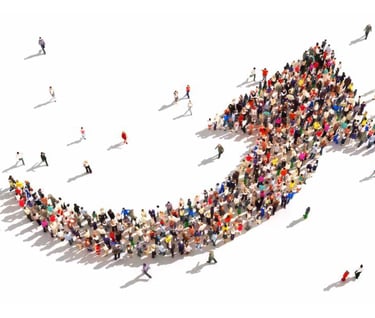 a group of people standing in a circle with a large arrow pointing up