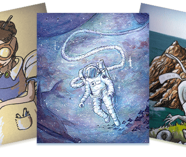 3 illustrations d'hasur en digital et en traditionnel montrant une chimiste, un astronaute et un dragon bigoudène