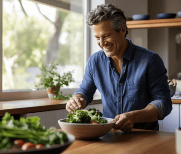 Man preparing a bowl of salad in the kitchen