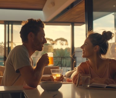 a man and woman sitting at a table with drinks