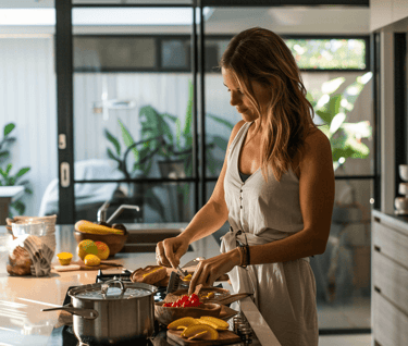 a woman in a white dress is cooking in a kitchen
