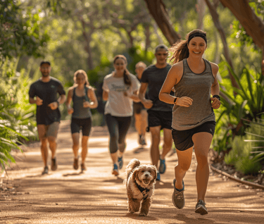 a dog is running on a path with people and a dog