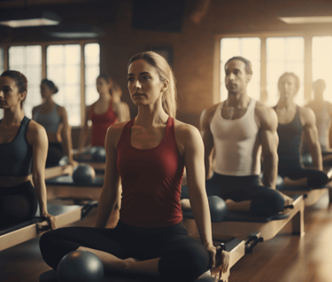 Group of men and women doing pilates