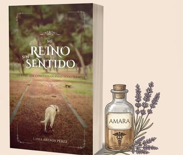 Spanish book Mi Reino Sin Sentido by Lidia Arenón Pérez with lavender and essential oil bottle.