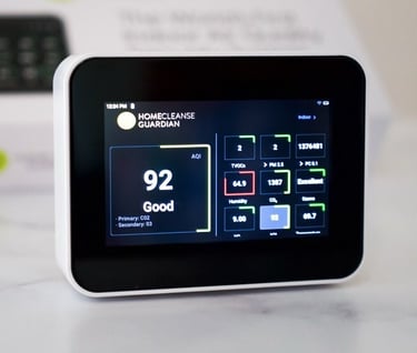 HomeCleanse Guardian indoor air quality monitor displaying CO2 and humidity levels.