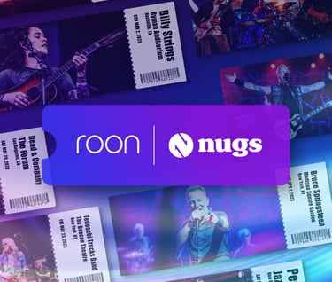 Roon and Nugs logo collaboration graphic featuring concert tickets and live music performance photos.