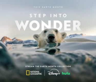 A polar bear swimming in icy arctic waters with National Geographic and Disney+ Earth Month branding.