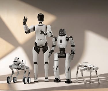 A group of white and black humanoid and quadrupedal robots showcasing advanced AI technology.