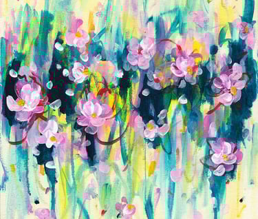 pink abstract flowers on a yellow background from saara tani's art collection summer garden