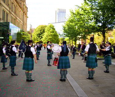 Pipers with bagpipes in aManchester bagpipe competition