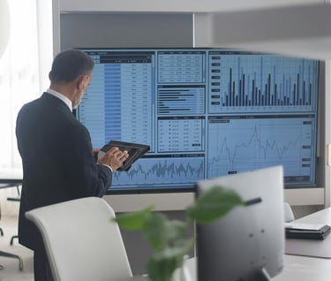A man conducting a continuous monitoring activity on a large monitor.