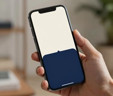 A lifestyle shot of a professional hand holding an elegant smartphone in a modern South American / Brazilian environment. The screen displays a sophisticated branding layout in soft off-white and dark navy blue.