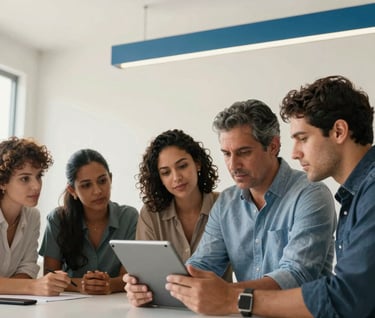 A group of professionals collaborating in a bright, modern South American / Brazilian workspace. They are looking at a tablet together, expressing a sense of trust and teamwork. Clean aesthetic, soft off-white background with steel blue highlights.