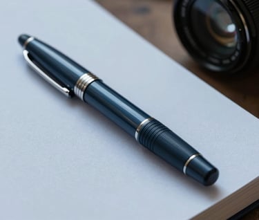 Close up shot of a sleek, dark slate blue fountain pen resting on a pale blue-grey notebook in a professional South American / Brazilian setting. The lighting is soft and natural, emphasizing textures and quality materials.