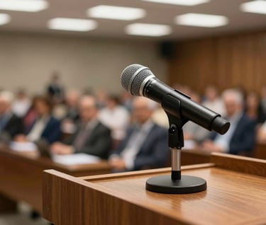 A detailed shot of a microphone on a wooden podium, with a blurred audience in a South American / Brazilian conference hall, professional and contemporary style.