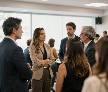 A professional networking moment after a talk in a South American / Brazilian venue, people in elegant attire conversing, bright and airy lighting.