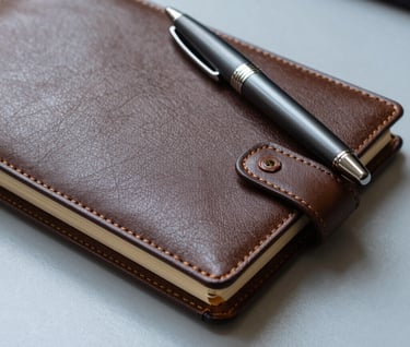 A detailed close-up of a high-quality leather planner and a luxury Dark Slate Grey pen on a Light Blue/Grey surface, representing organization and professional planning in a South American / Brazilian business context.