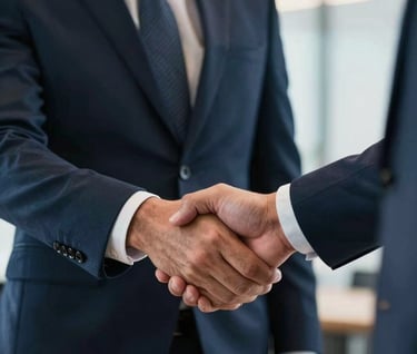 An artistic close-up of two professionals shaking hands in a high-end South American / Brazilian business environment. The lighting is warm and professional. Tones of dark navy blue and soft blue grey dominate the composition, emphasizing trust and agreement.