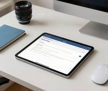 A professional desk setup in a bright South American / Brazilian home office, featuring a tablet with a clean, expert-level interface design, surrounded by subtle steel blue and soft off-white accessories.