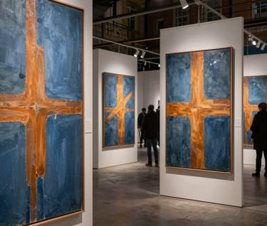 A sophisticated photograph of an art exhibition opening in a Northern European / Welsh / British urban space. Several large canvases featuring slate blue and warm ochre patterns are displayed. The lighting is focused and dramatic, highlighting the innovative and experimental nature of the artworks.