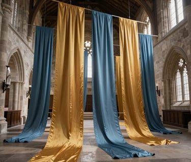 A wide-angle photograph of an experimental art installation inside a historic Northern European / Welsh / British chapel, with beams of light illuminating contemporary hanging textiles in muted slate blue and rich ochre gold.