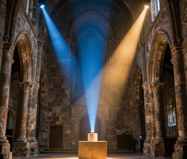 A striking photograph of an experimental light sculpture located inside an old Northern European / Welsh / British stone chapel. Beams of Slate Blue and Warm Ochre light cut through the air, creating a visually stimulating contrast between the ancient architecture and the new artistic perspective.