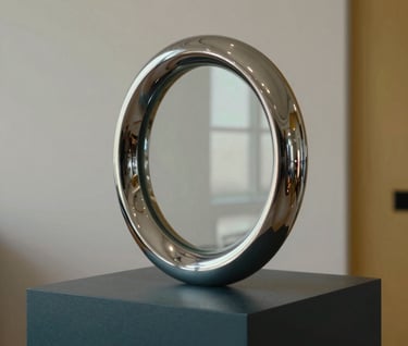 A sleek, contemporary sculpture made of polished metal and glass, reflecting the interior of a minimalist Northern European / Welsh / British studio. The sculpture sits on a deep charcoal teal pedestal, with subtle accents of golden ochre in the background.