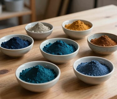 A studio-lit photograph of various pigments in ceramic bowls on a wooden table in a Northern European / Welsh / British art workshop. The powders include deep midnight teal, warm ochre, and slate blue. The scene is sophisticated and artistic, with soft shadows and a clean, minimalist composition.