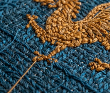 Photography showing a detailed macro shot of mixed-media artwork. Fine threads of slate blue wool are woven into a surface painted with deep midnight teal and warm ochre, creating a rich tactile contrast typical of a Northern European / Welsh / British craft tradition reimagined as contemporary art.