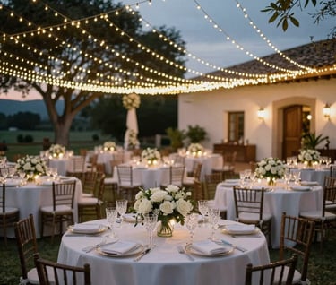 An expansive outdoor wedding reception scene under a canopy of fairy lights at dusk in a Hispanic / Spanish-speaking countryside setting, tables decorated with white roses and fine crystal, elegant and dreamy mood.