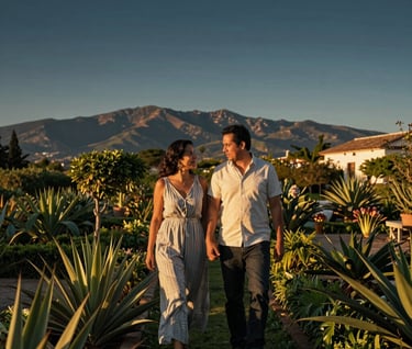 A panoramic photograph of a Hispanic / Spanish-speaking couple walking through a lush Mediterranean garden at sunset. The lighting is golden and warm, with a background of distant mountains and dark blue sky.