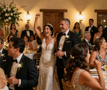 A candid and artistic photography of guests in high-end attire celebrating at a luxury wedding reception in a Hispanic / Spanish-speaking setting, warm golden lighting, capturing joyful movements and laughter.