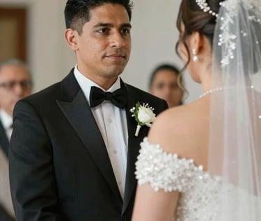 An emotional candid shot of a Hispanic groom looking at his bride during the ceremony, soft focus, elegant lighting, captured with high-end prime lens, romantic and exclusive feel.