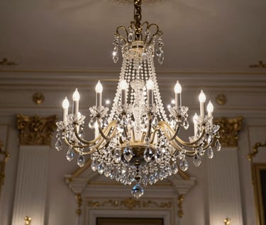 A sophisticated shot of a crystal chandelier in a grand ballroom of a historic Spanish palace, soft evening light creating sparkles, elegant and exclusive atmosphere, palette of warm grey and ivory.