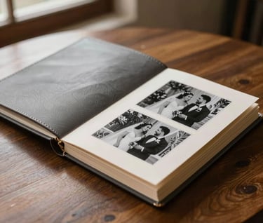 A luxury leather-bound wedding album open on a wooden table, showing elegant black and white photographs of a Hispanic wedding, warm grey and cream tones, soft window lighting.
