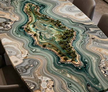 A wide shot of a bespoke resin-top dining table in a minimalist International / Global home. The surface features deep Sage Green and Sandstone Grey swirls, looking like an aerial view of an island.