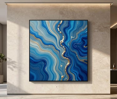 A wide-angle interior photograph of the Azure Flow resin painting displayed prominently on a minimalist stone wall in a luxury International / Global home. The afternoon sun creates soft shadows and highlights the glossy texture of the piece.