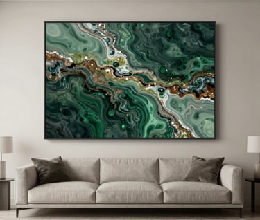 A wide-angle lifestyle shot of a modern International / Global living room. A large 'Liquid Flow' resin artwork hangs above a minimalist sofa. The room features neutral tones, with the deep forest green and sage green of the art piece providing a luxurious focal point.