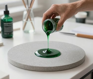 An artist's hands carefully pouring liquid Deep Forest Green resin onto a circular Sandstone Grey canvas in a bright, modern International / Global workshop.