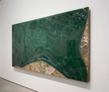 A side-profile shot of a finished resin panel, showing the thick, glossy edge and the way the colors wrap around the sides. The colors are deep forest green and warm stone, placed against a minimalist white gallery wall in a International / Global city.