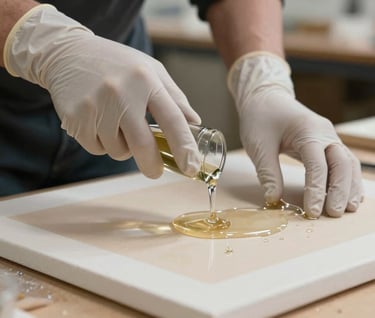 The hands of an artist wearing gloves, pouring clear resin over a prepared canvas in an International / Global workshop setting.